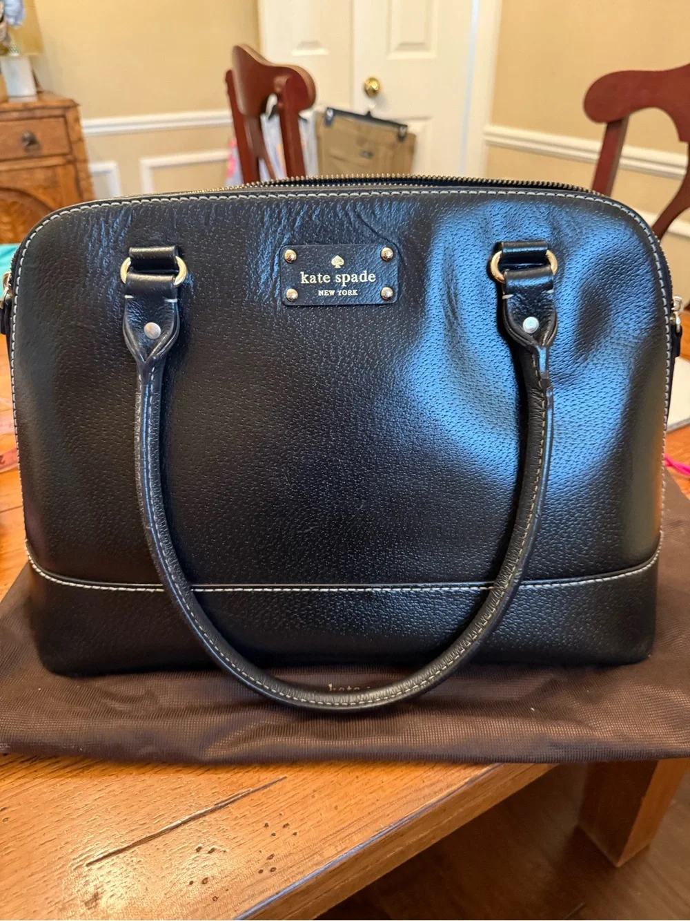 kate spade Black Pebbled Leather Dome Satchel with Silver Hardware